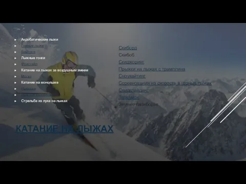КАТАНИЕ НА ЛЫЖАХ Акробатические лыжи Горные лыжи Биатлон Лыжные гонки Фристайл Катание