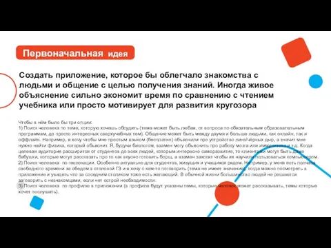 Первоначальная идея Создать приложение, которое бы облегчало знакомства с людьми и общение