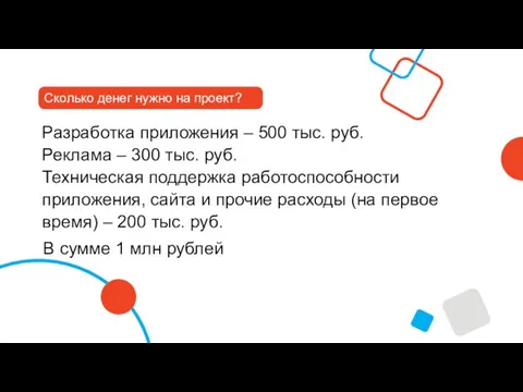 Сколько денег нужно на проект? Разработка приложения – 500 тыс. руб. Реклама