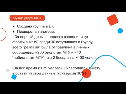 Создана группа в ВК Проверены гипотезы: -За первый день 11 человек заполнили