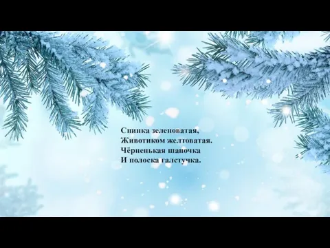 Спинка зеленоватая, Животиком желтоватая. Чёрненькая шапочка И полоска галстучка.