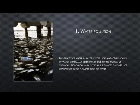 1. Water pollution The quality of water in lakes, rivers, seas and