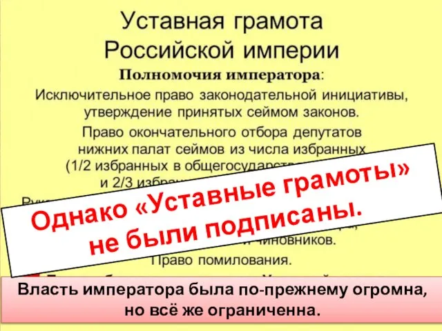 Власть императора была по-прежнему огромна, но всё же ограниченна. Однако «Уставные грамоты» не были подписаны.