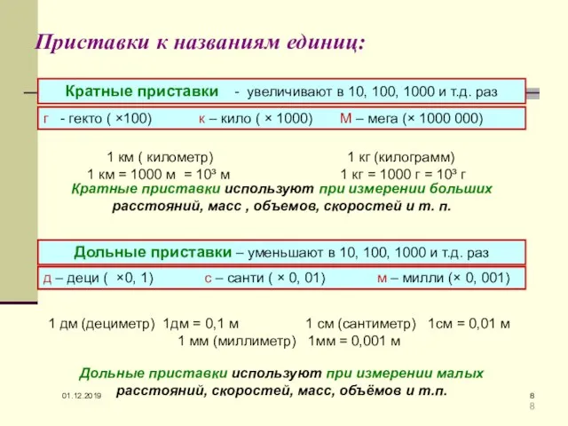 01.12.2019 Приставки к названиям единиц: Кратные приставки - увеличивают в 10, 100,