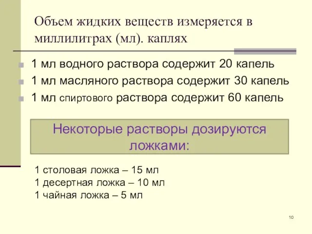 Объем жидких веществ измеряется в миллилитрах (мл). каплях 1 мл водного раствора