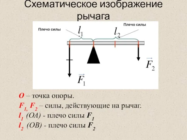 Схематическое изображение рычага О – точка опоры. F1, F2 – силы, действующие