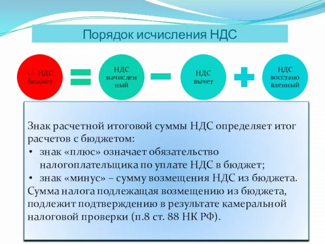 Порядок исчисления НДС Знак расчетной итоговой суммы НДС определяет итог расчетов с