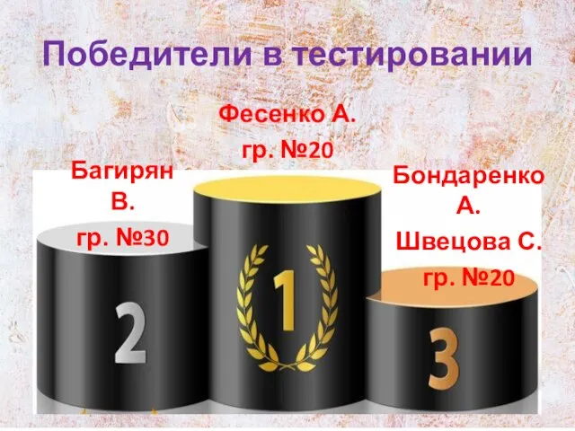 Победители в тестировании Фесенко А. гр. №20 Багирян В. гр. №30 Бондаренко