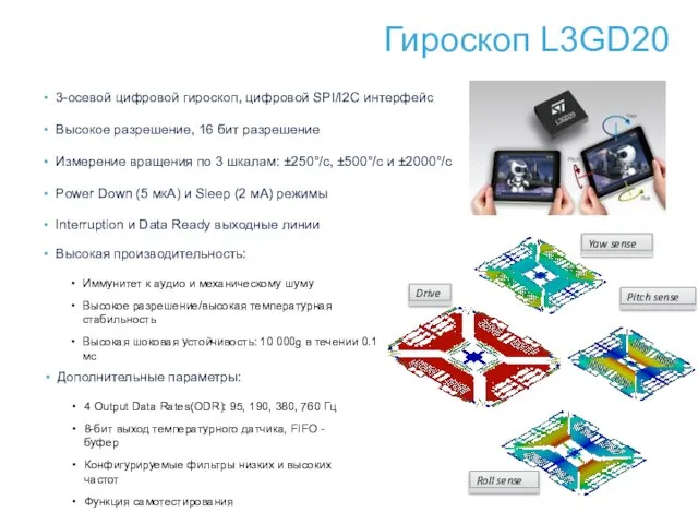 Гироскоп L3GD20 3-осевой цифровой гироскоп, цифровой SPI/I2C интерфейс Высокое разрешение, 16 бит