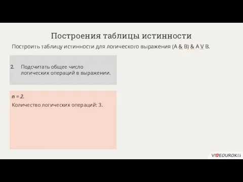 n = 2. Построения таблицы истинности Построить таблицу истинности для логического выражения