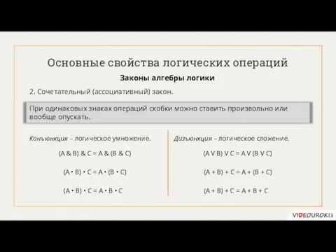 Основные свойства логических операций Законы алгебры логики 2. Сочетательный (ассоциативный) закон. При