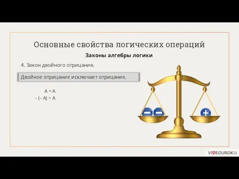 Основные свойства логических операций Законы алгебры логики 4. Закон двойного отрицания. A