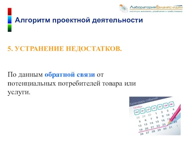 5. УСТРАНЕНИЕ НЕДОСТАТКОВ. По данным обратной связи от потенциальных потребителей товара или услуги. Алгоритм проектной деятельности