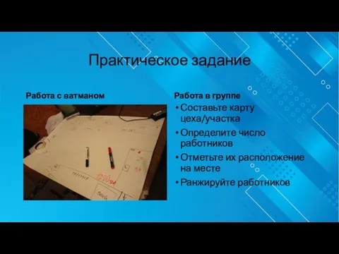 Практическое задание Работа с ватманом Работа в группе Составьте карту цеха/участка Определите