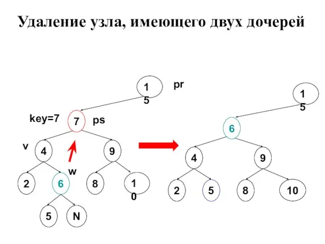 Удаление узла, имеющего двух дочерей 4 2 6 8 10 ps w