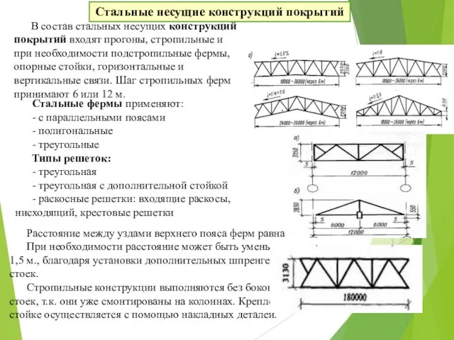 Стальные несущие конструкций покрытий В состав стальных несущих конструкций покрытий входят прогоны,