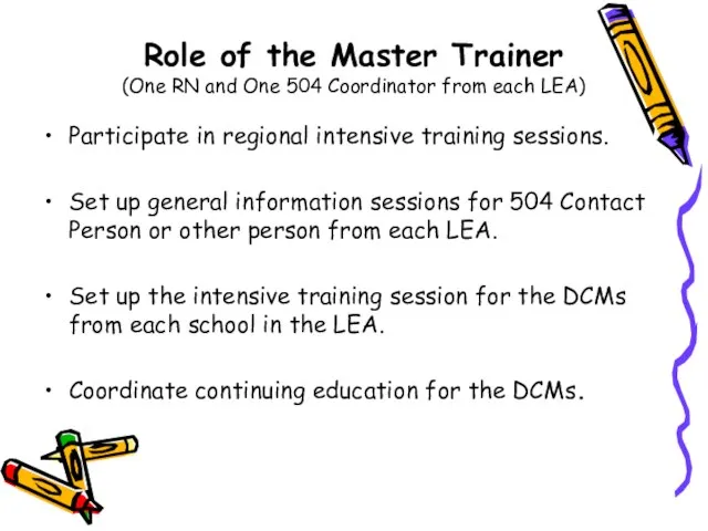 Role of the Master Trainer (One RN and One 504 Coordinator from