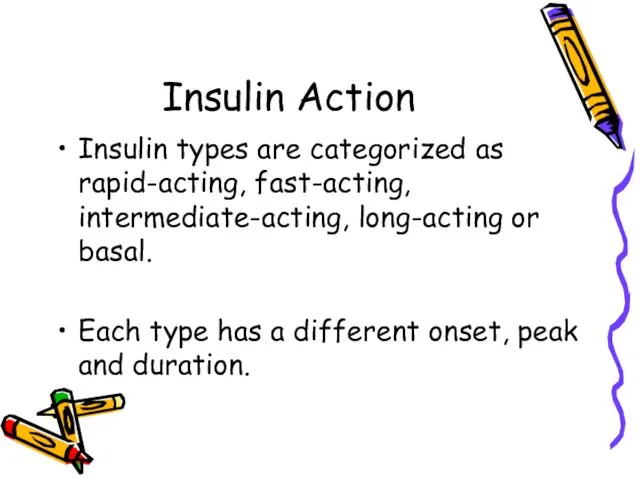 Insulin Action Insulin types are categorized as rapid-acting, fast-acting, intermediate-acting, long-acting or