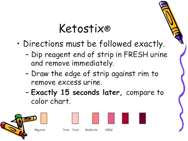 Ketostix® Directions must be followed exactly. Dip reagent end of strip in