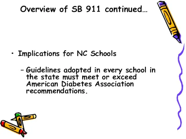 Overview of SB 911 continued… Implications for NC Schools Guidelines adopted in