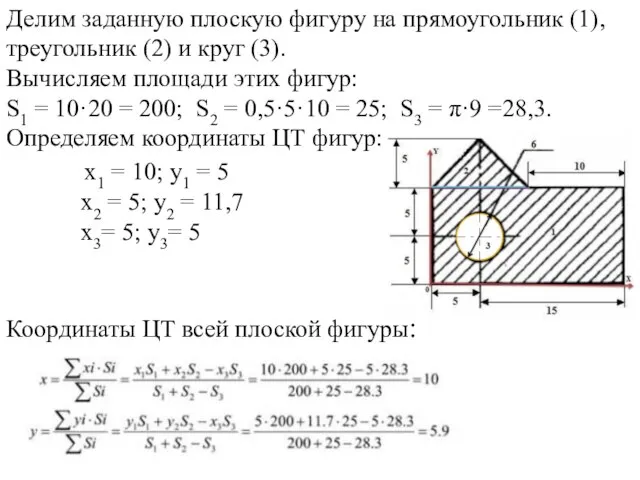 Делим заданную плоскую фигуру на прямоугольник (1), треугольник (2) и круг (3).