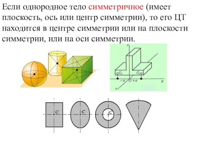 Если однородное тело симметричное (имеет плоскость, ось или центр симметрии), то его