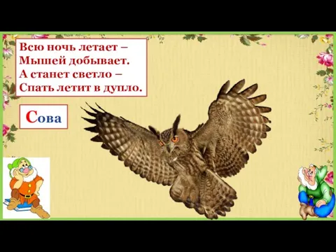 Всю ночь летает – Мышей добывает. А станет светло – Спать летит в дупло. Сова