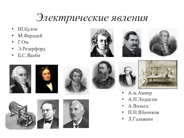 Электрические явления Ш.Кулон М.Фарадей Г.Ом Э.Резерфорд Б.С.Якоби А.м.Ампер А.Н.Лодыгин А.Вольта П.Н.Яблочков Л.Гальвани