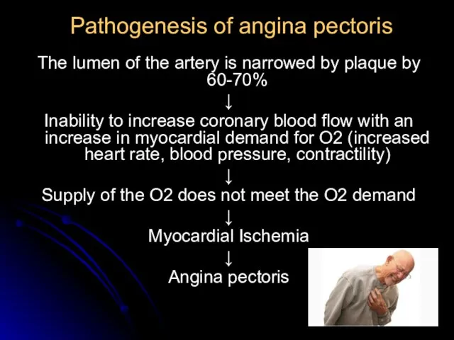 Pathogenesis of angina pectoris The lumen of the artery is narrowed by