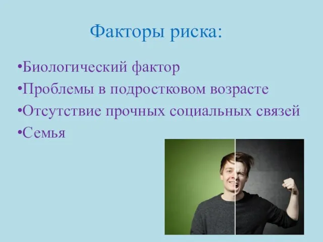 Факторы риска: Биологический фактор Проблемы в подростковом возрасте Отсутствие прочных социальных связей Семья