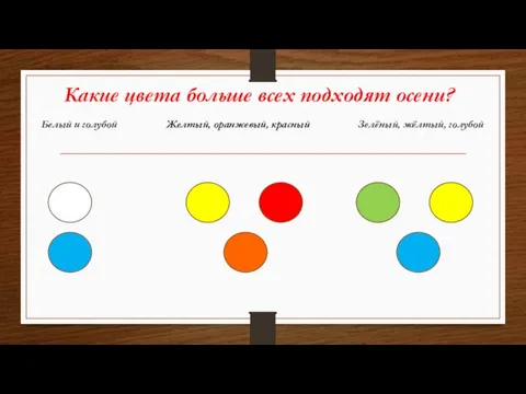 Какие цвета больше всех подходят осени? Белый и голубой Желтый, оранжевый, красный Зелёный, жёлтый, голубой