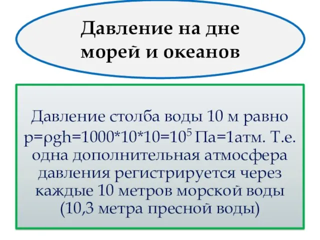 Давление на дне морей и океанов Давление столба воды 10 м равно