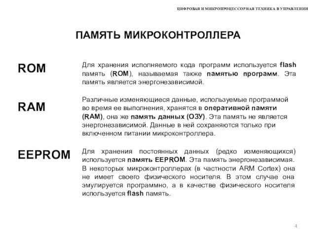 ЦИФРОВАЯ И МИКРОПРОЦЕССОРНАЯ ТЕХНИКА В УПРАВЛЕНИИ ПАМЯТЬ МИКРОКОНТРОЛЛЕРА Для хранения исполняемого кода