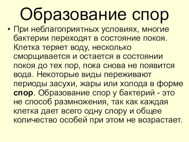 Образование спор При неблагоприятных условиях, многие бактерии переходят в состояние покоя. Клетка