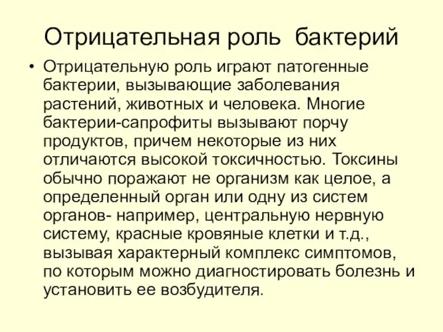 Отрицательная роль бактерий Отрицательную роль играют патогенные бактерии, вызывающие заболевания растений, животных