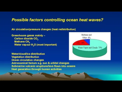 Possible factors controlling ocean heat waves? Air circulation/pressure changes (heat redistribution) Greenhouse