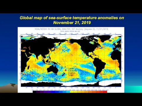 Global map of sea-surface temperature anomalies on November 21, 2019 Lateiki submarine eruption, Tonga