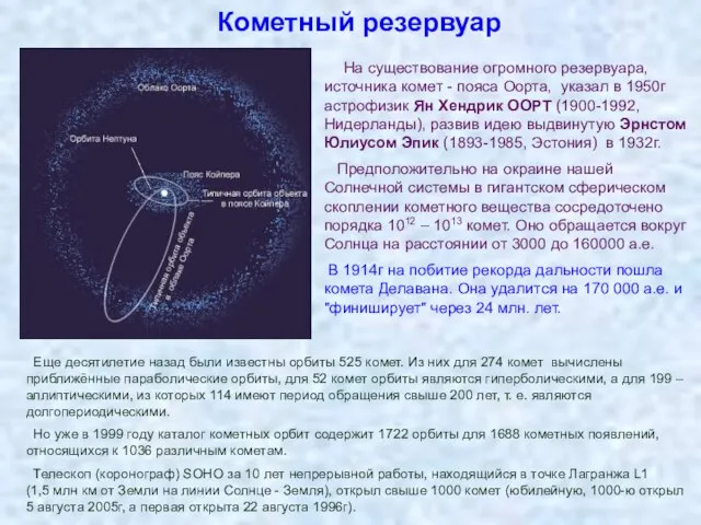 Кометный резервуар На существование огромного резервуара, источника комет - пояса Оорта, указал