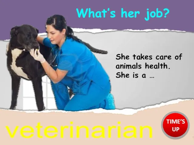 What’s her job? veterinarian She takes care of animals health. She is a … TIME’S UP