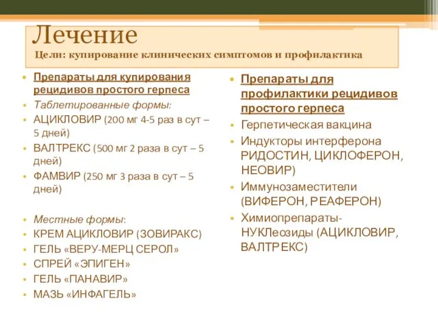 Лечение Цели: купирование клинических симптомов и профилактика Препараты для купирования рецидивов простого