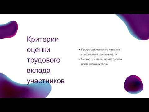 Критерии оценки трудового вклада участников Профессиональные навыки в сфере своей деятельности Четкость