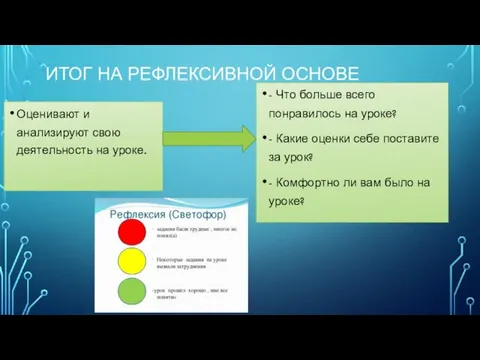 ИТОГ НА РЕФЛЕКСИВНОЙ ОСНОВЕ Оценивают и анализируют свою деятельность на уроке. -