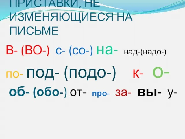 ПРИСТАВКИ, НЕ ИЗМЕНЯЮЩИЕСЯ НА ПИСЬМЕ В- (ВО-) с- (со-) на- над-(надо-) по-