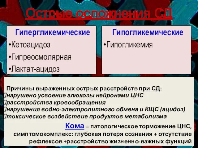 Острые осложнения СД Причины выраженных острых расстройств при СД: нарушено усвоение глюкозы