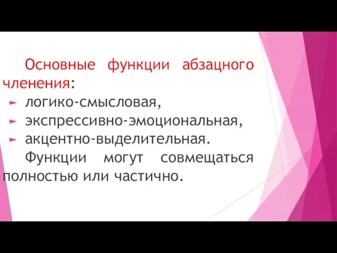 Основные функции абзацного членения: логико-смысловая, экспрессивно-эмоциональная, акцентно-выделительная. Функции могут совмещаться полностью или частично.