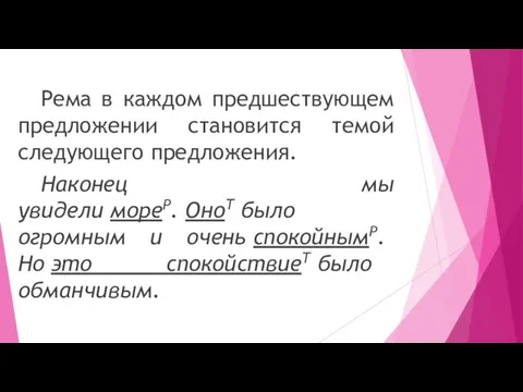 Рема в каждом предшествующем предложении становится темой следующего предложения. Наконец мы увидели