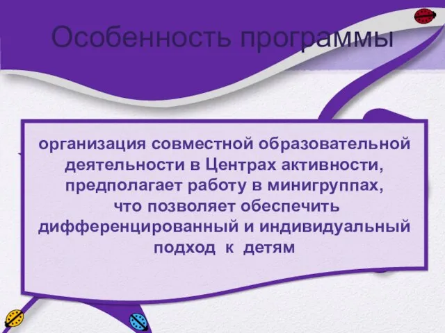 Особенность программы организация совместной образовательной деятельности в Центрах активности, предполагает работу в