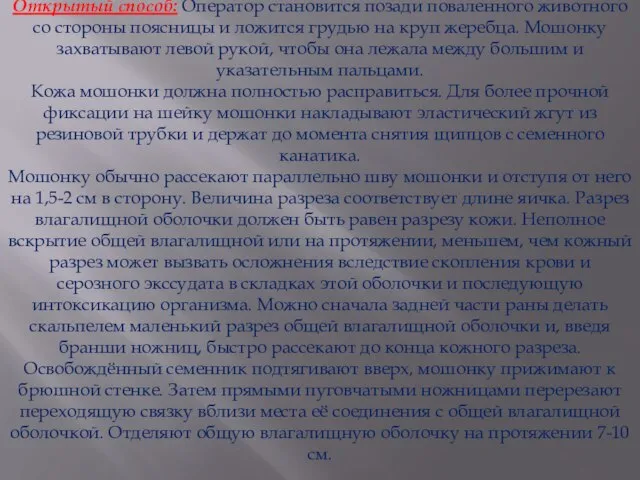 Открытый способ: Оператор становится позади поваленного животного со стороны поясницы и ложится