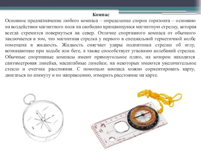 Компас Основное предназначение любого компаса – определение сторон горизонта – основано на