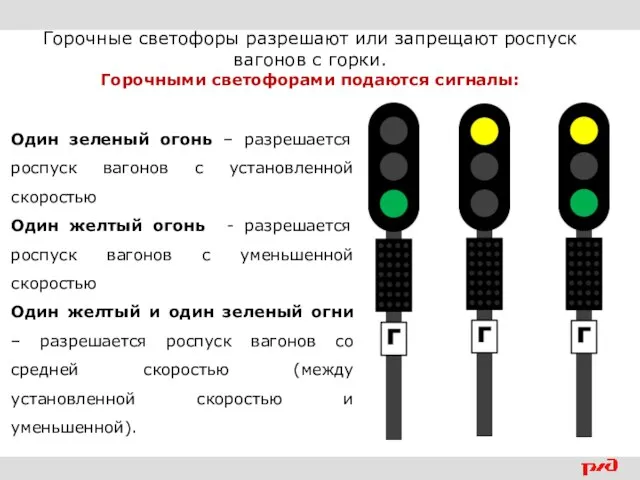 Горочные светофоры разрешают или запрещают роспуск вагонов с горки. Горочными светофорами подаются